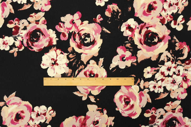 Black-Pink Poly Stretch Floral Printed Bullet Double Knit Fabric