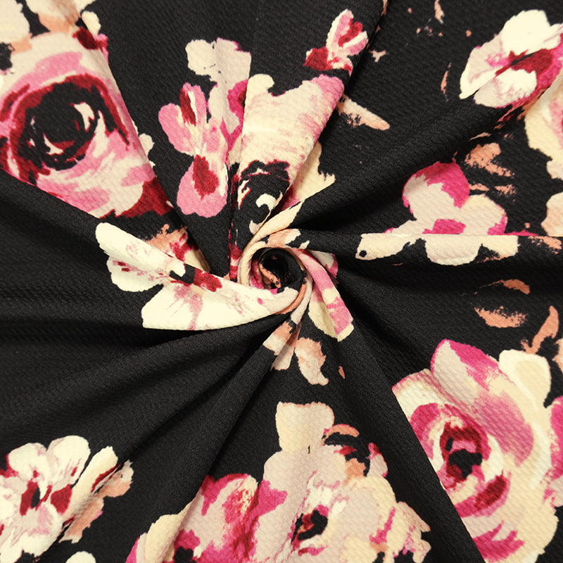 Black-Pink Poly Stretch Floral Printed Bullet Double Knit Fabric