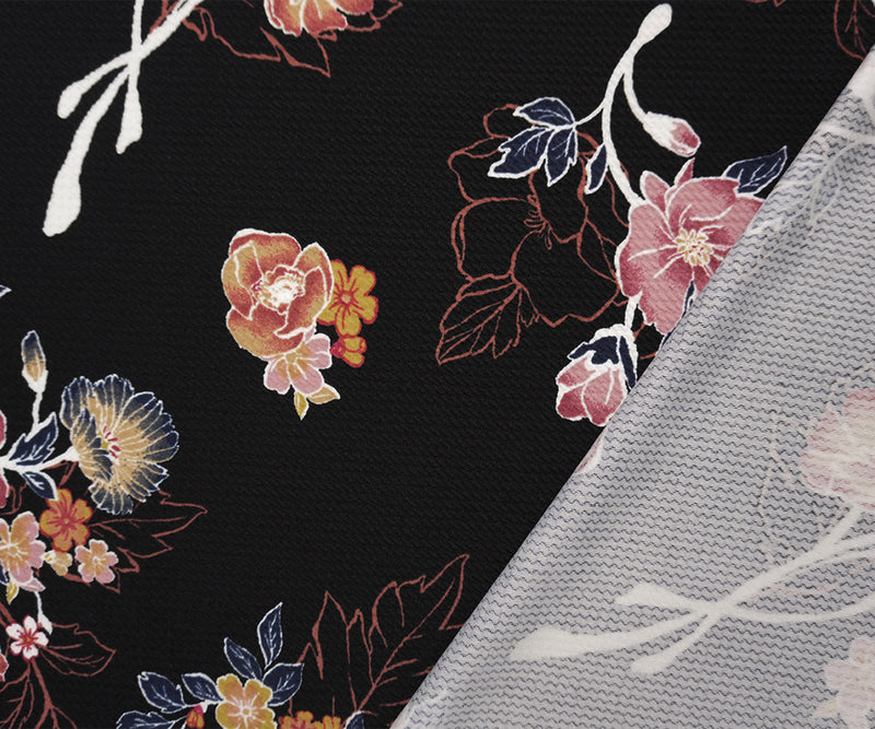 Black-Multi Poly Stretch Floral Printed Bullet Double Knit Fabric