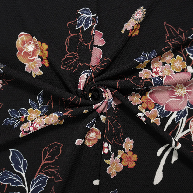 Black-Multi Poly Stretch Floral Printed Bullet Double Knit Fabric