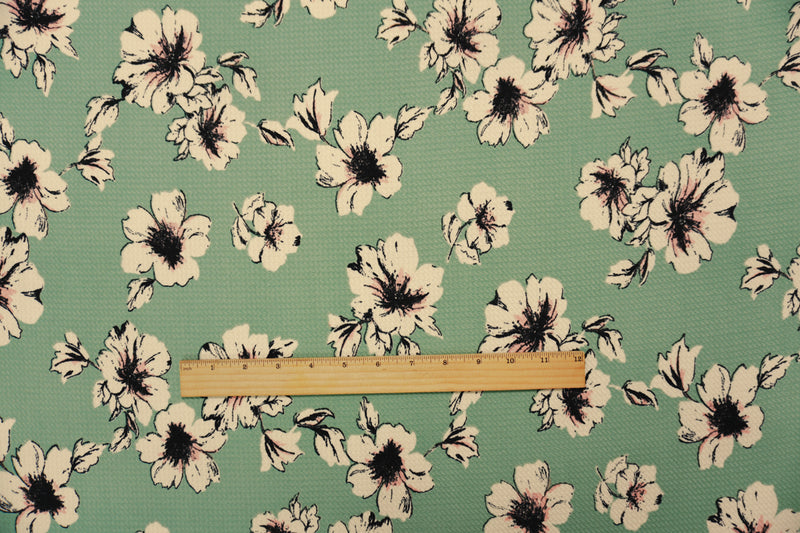 Green-Beige-Multi Poly Stretch Floral Bullet Double Knit Fabric