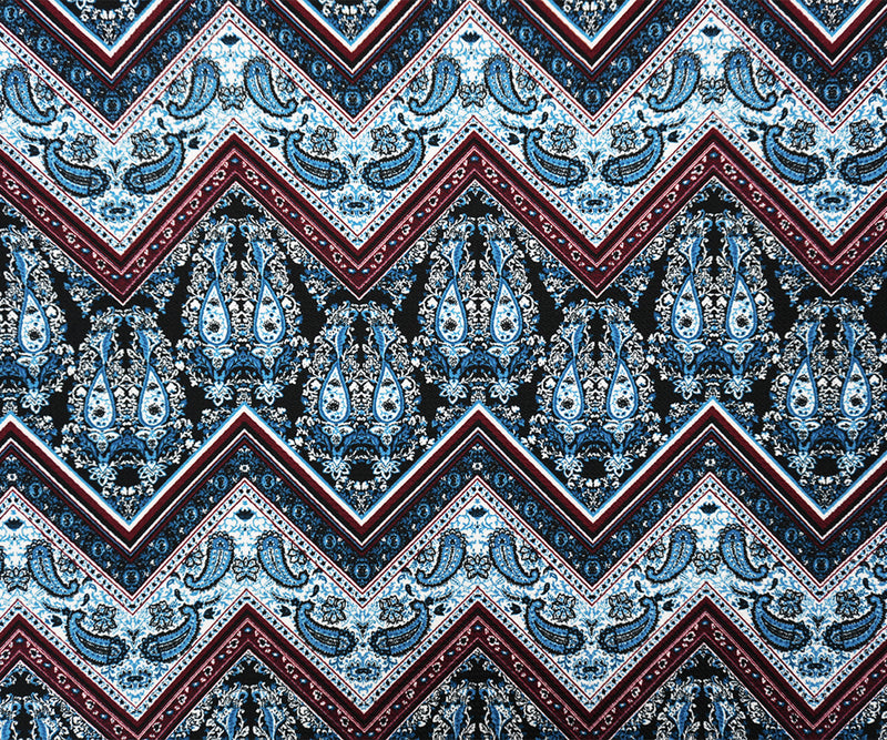 Black-Teal-Red Poly Chevron Paisley Bullet Double Knit Fabric