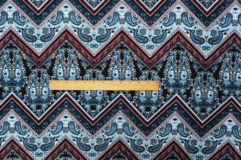 Black-Teal-Red Poly Chevron Paisley Bullet Double Knit Fabric