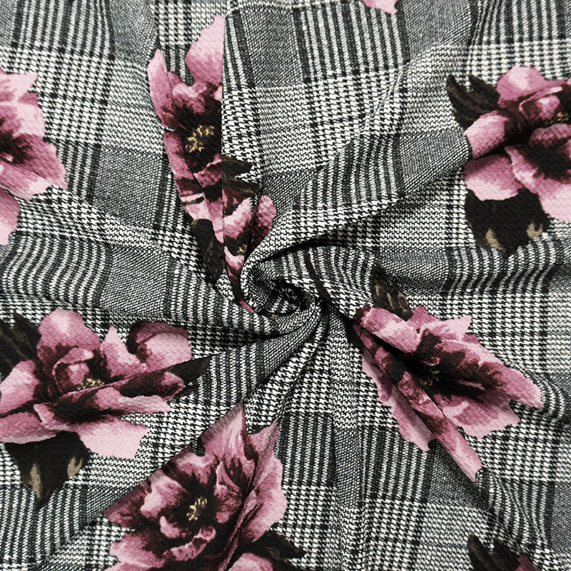 Black-Purple Poly Floral Plaid Printed Bullet Double Knit Fabric