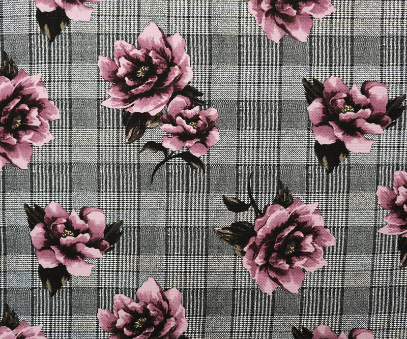 Black-Purple Poly Floral Plaid Printed Bullet Double Knit Fabric