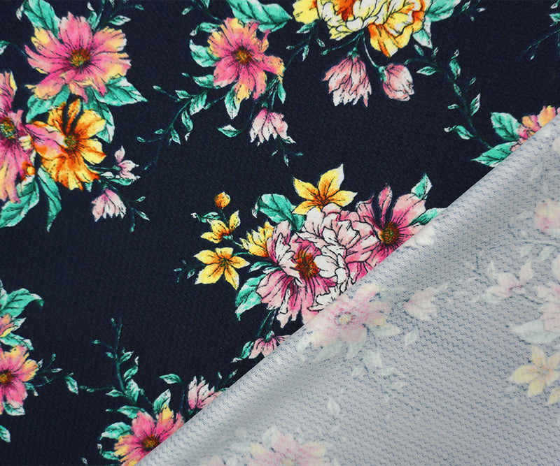 Deep Navy-Pink Poly Floral Printed Bullet Double Knit Fabric