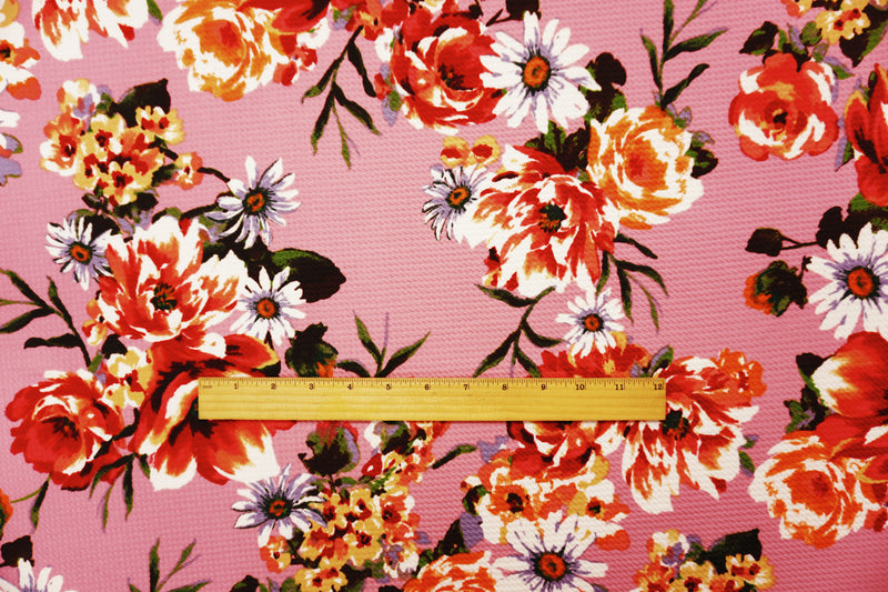 Pink-Red-Multi Poly Stretch Floral Bullet Double Knit Fabric