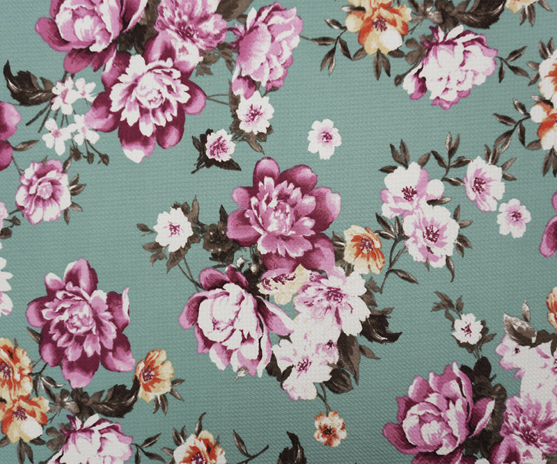 Teal-Pink-Multi Poly Stretch Floral Bullet Double Knit Fabric
