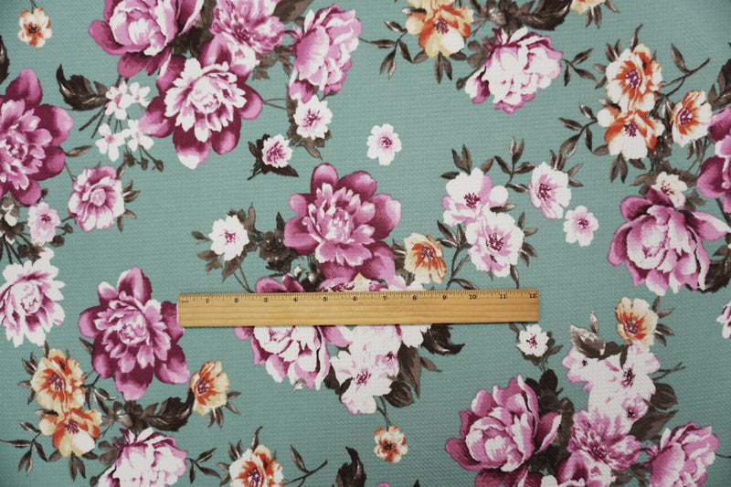 Teal-Pink-Multi Poly Stretch Floral Bullet Double Knit Fabric