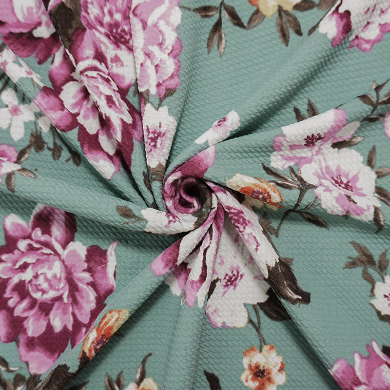 Teal-Pink-Multi Poly Stretch Floral Bullet Double Knit Fabric