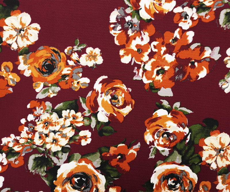 Red-Multi Poly Stretch Floral Printed Bullet Double Knit Fabric