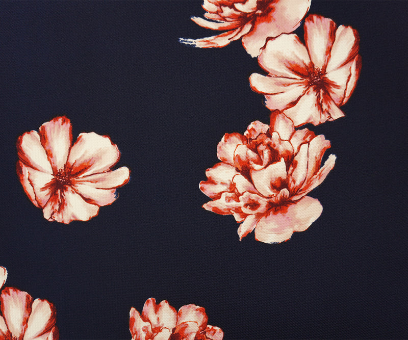 Deep Navy-Red Poly Stretch Floral Bullet Double Knit Fabric