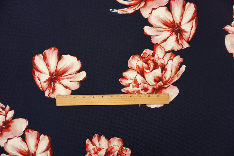 Deep Navy-Red Poly Stretch Floral Bullet Double Knit Fabric