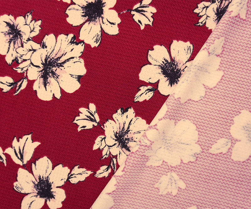 Red-Beige-Pink Poly Stretch Floral Bullet Double Knit Fabric