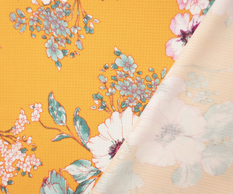 Yellow-Pink-Multi Poly Stretch Floral Bullet Double Knit Fabric