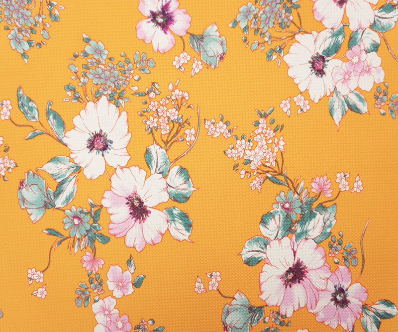 Yellow-Pink-Multi Poly Stretch Floral Bullet Double Knit Fabric