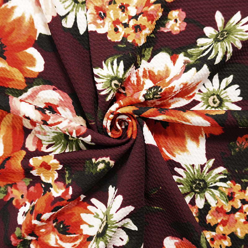 Deep Red-Multi Poly Stretch Floral Bullet Double Knit Fabric