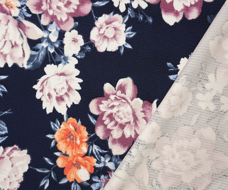 Deep Blue-Multi Poly Stretch Floral Bullet Double Knit Fabric