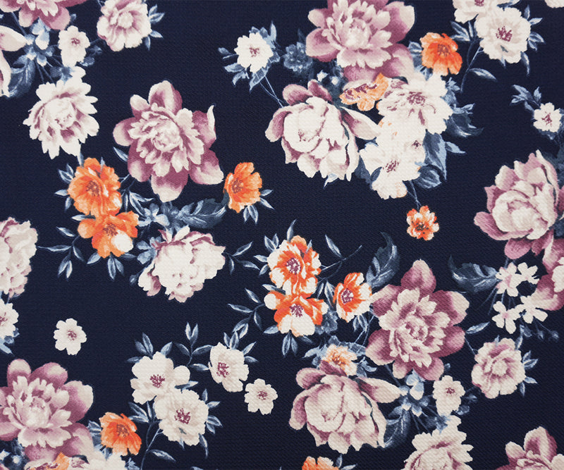 Deep Blue-Multi Poly Stretch Floral Bullet Double Knit Fabric