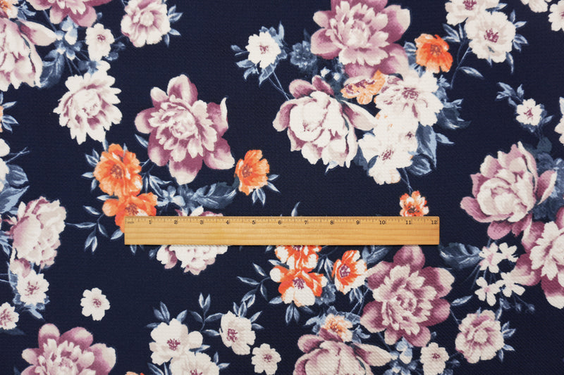 Deep Blue-Multi Poly Stretch Floral Bullet Double Knit Fabric