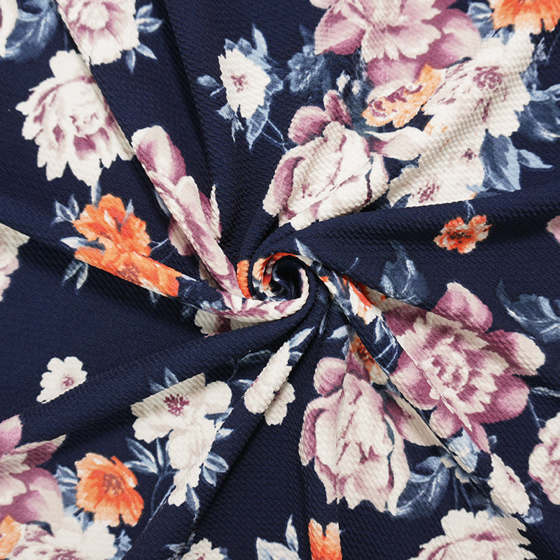 Deep Blue-Multi Poly Stretch Floral Bullet Double Knit Fabric