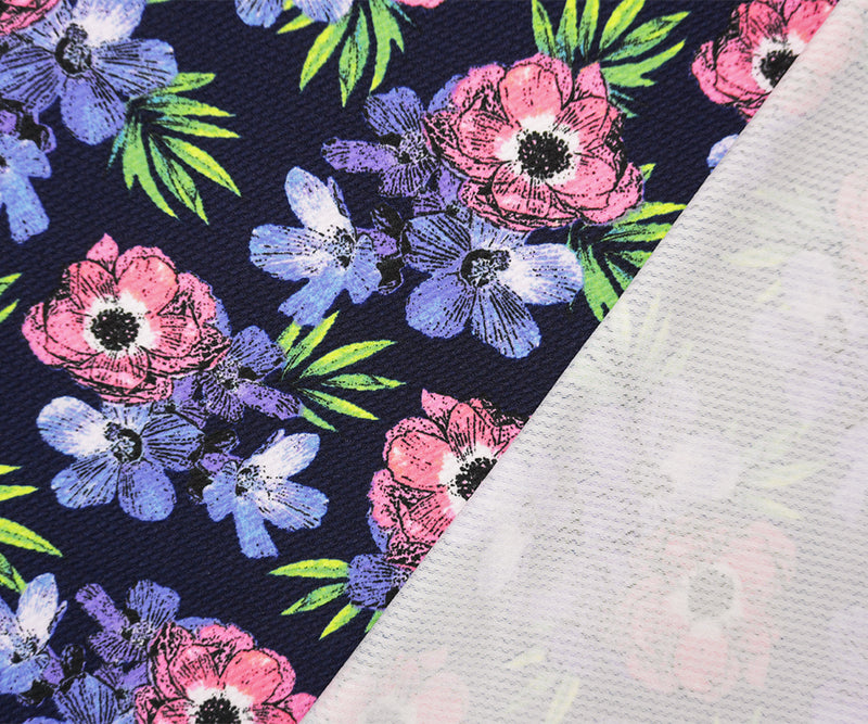 Deep Navy-Multi Poly Stretch Floral Bullet Double Knit Fabric