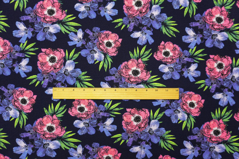 Deep Navy-Multi Poly Stretch Floral Bullet Double Knit Fabric
