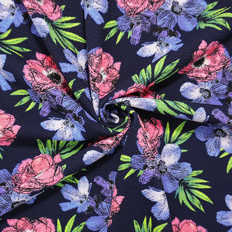 Deep Navy-Multi Poly Stretch Floral Bullet Double Knit Fabric