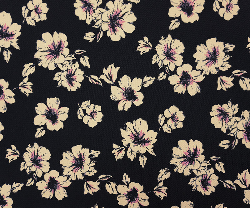 Black-Beige-Pink Poly Stretch Floral Bullet Double Knit Fabric