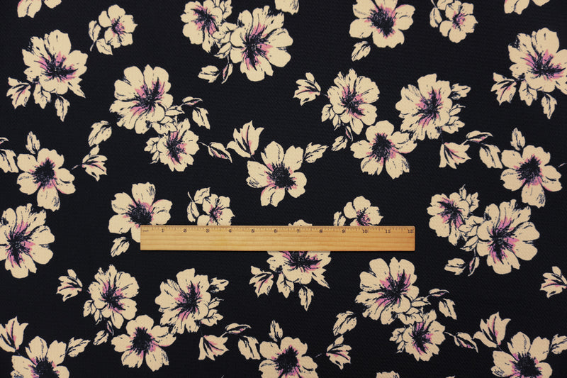 Black-Beige-Pink Poly Stretch Floral Bullet Double Knit Fabric