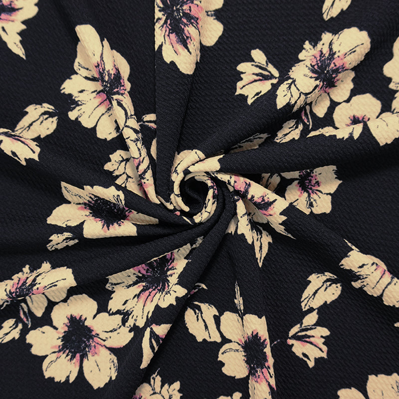 Black-Beige-Pink Poly Stretch Floral Bullet Double Knit Fabric