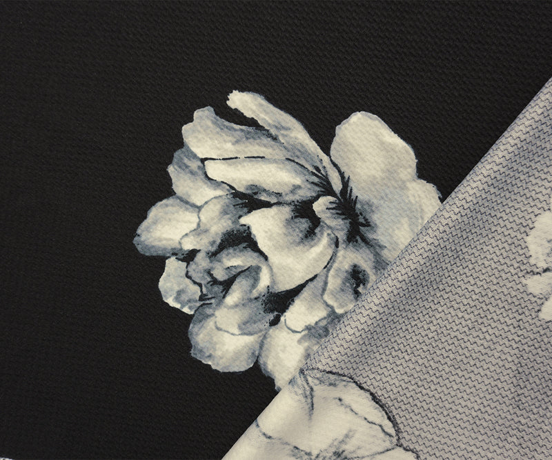 Black-Gray Poly Stretch Floral Printed Bullet Double Knit Fabric