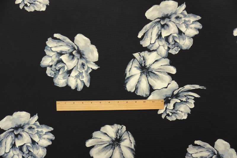 Black-Gray Poly Stretch Floral Printed Bullet Double Knit Fabric