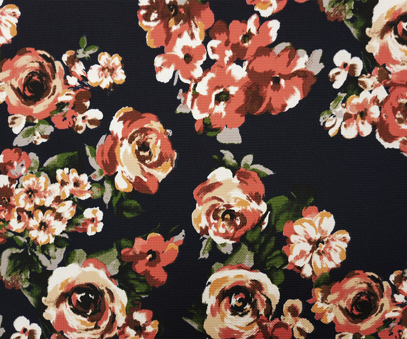 Deep Navy-Multi Poly Stretch Floral Bullet Double Knit Fabric