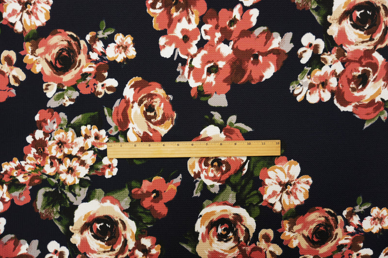 Deep Navy-Multi Poly Stretch Floral Bullet Double Knit Fabric