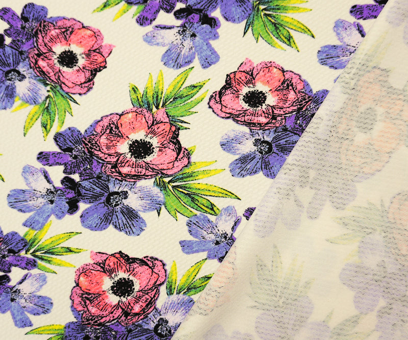 White-Blue-Multi Poly Stretch Floral Bullet Double Knit Fabric