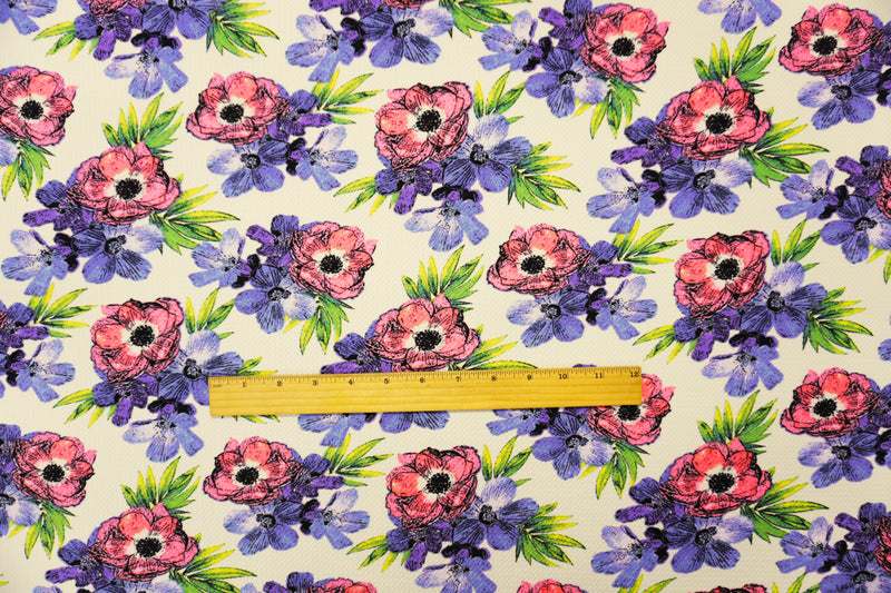 White-Blue-Multi Poly Stretch Floral Bullet Double Knit Fabric