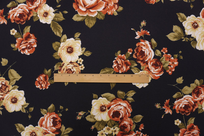 Black-Orange-Multi Poly Stretch Floral Bullet Double Knit Fabric