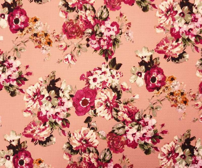 Coral-Red-Multi Poly Stretch Floral Bullet Double Knit Fabric