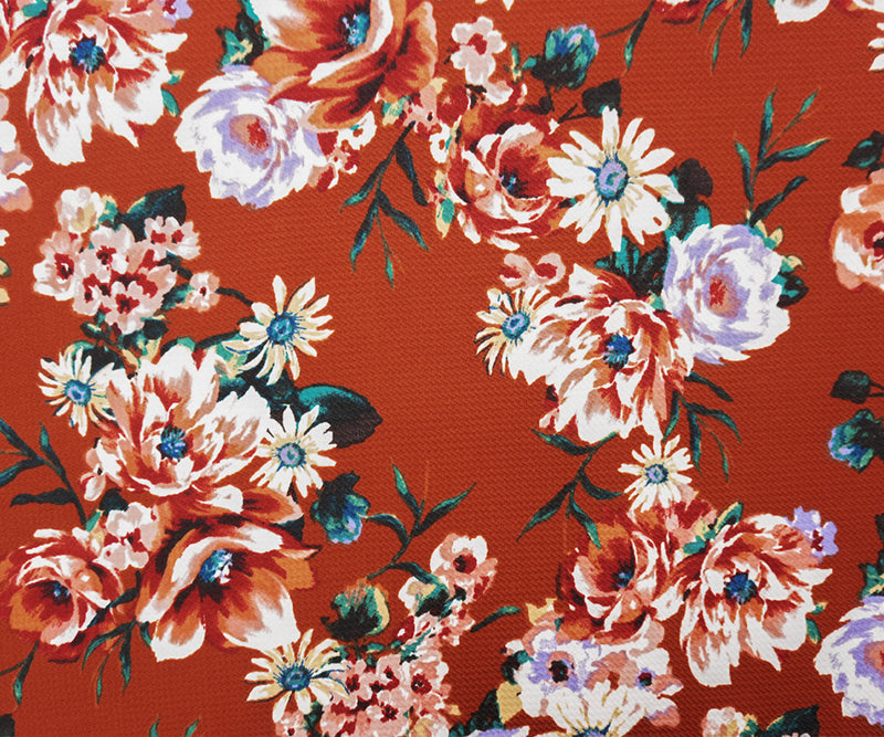 Deep Orange-Multi Poly Stretch Floral Bullet Double Knit Fabric