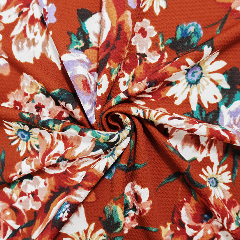 Deep Orange-Multi Poly Stretch Floral Bullet Double Knit Fabric