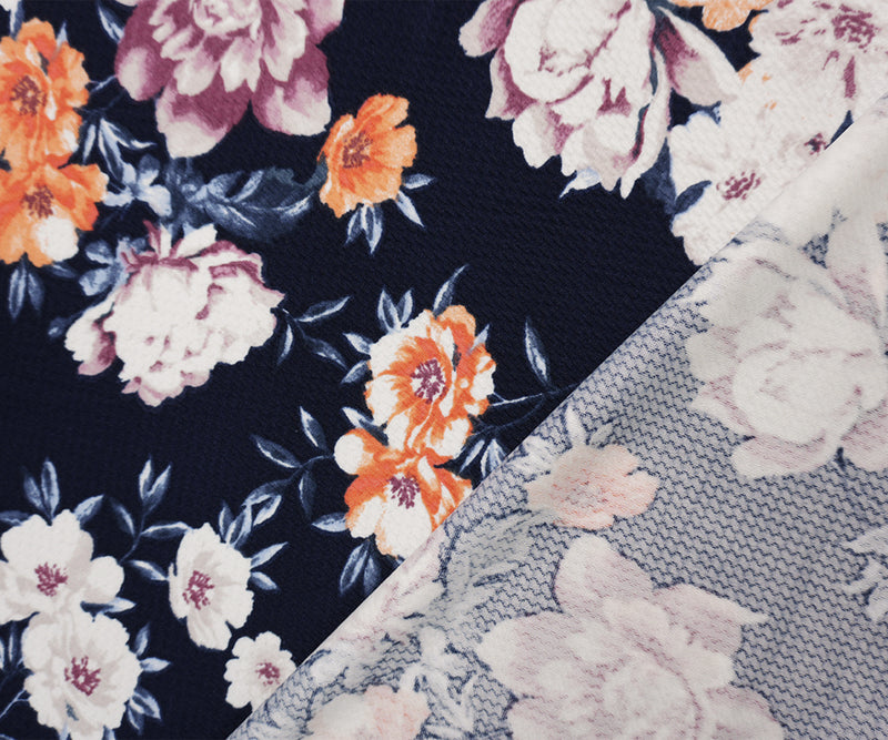 Navy-Purple Poly Stretch Floral Printed Bullet Double Knit Fabric