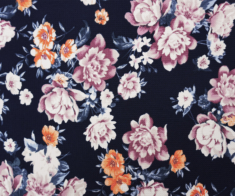 Navy-Purple Poly Stretch Floral Printed Bullet Double Knit Fabric