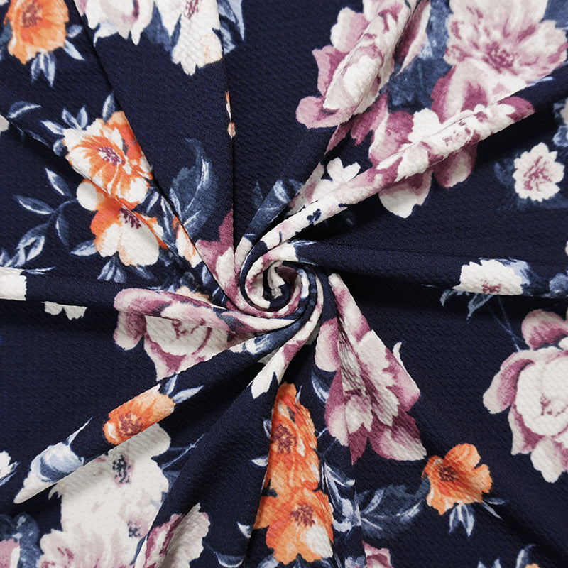 Navy-Purple Poly Stretch Floral Printed Bullet Double Knit Fabric