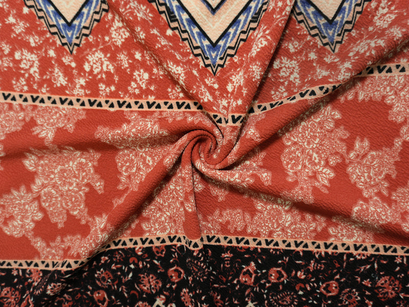 Red-Multi Poly Floral Chevron Liverpool Double Knit Fabric