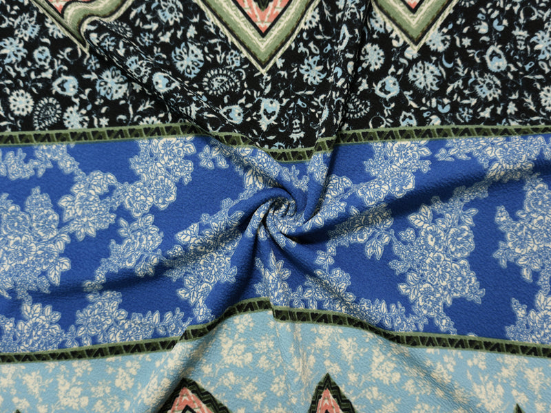 Blue-Multi Poly Floral Chevron Liverpool Double Knit Fabric