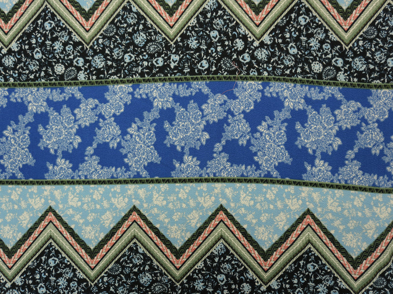 Blue-Multi Poly Floral Chevron Liverpool Double Knit Fabric