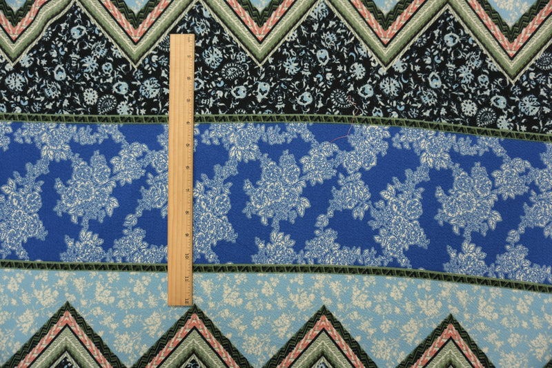 Blue-Multi Poly Floral Chevron Liverpool Double Knit Fabric