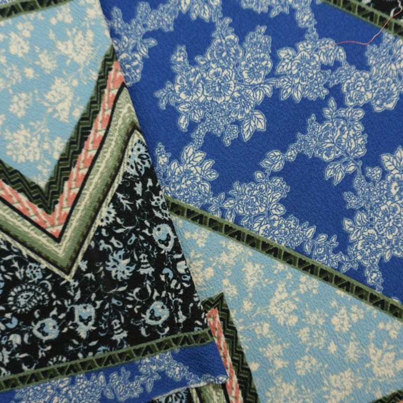 Blue-Multi Poly Floral Chevron Liverpool Double Knit Fabric