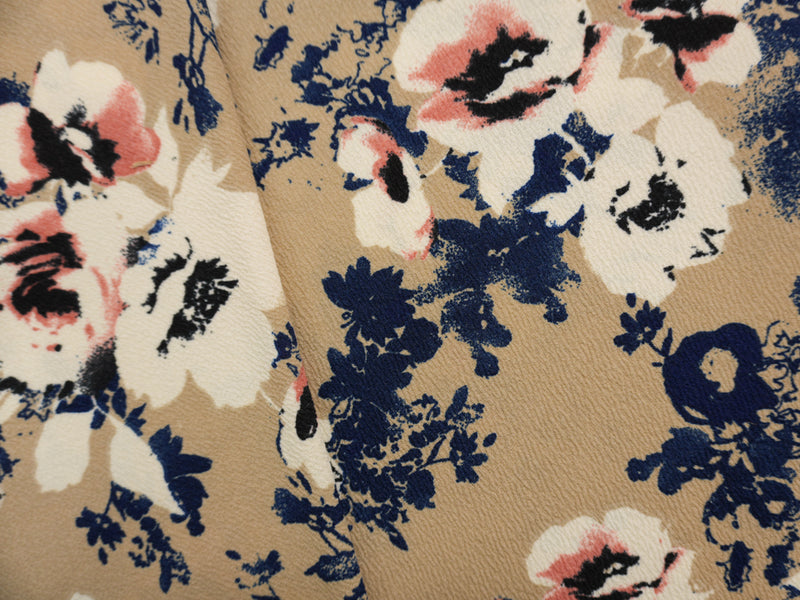 Brown-Navy Poly Floral Chevron Liverpool Double Knit Fabric